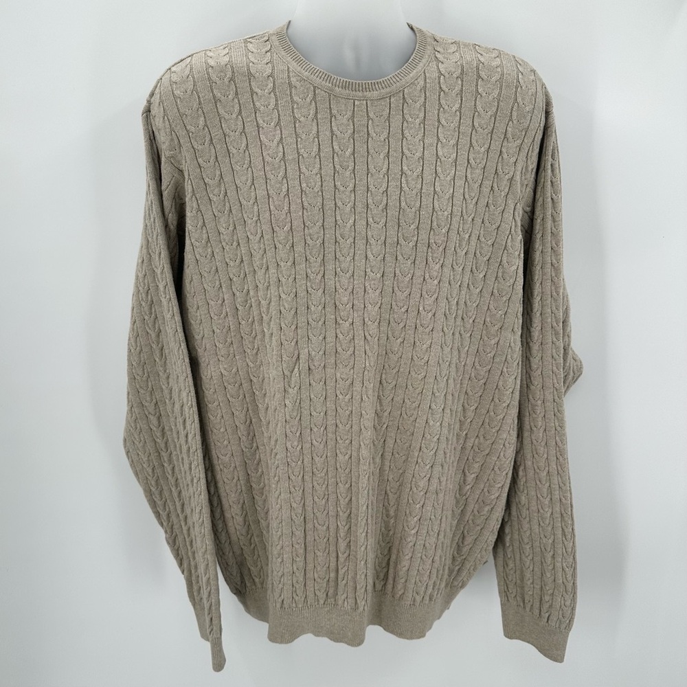 IZOD Sweater Mens XL Beige Tan Cotton Cable Knit Pullover Classic Basic Office